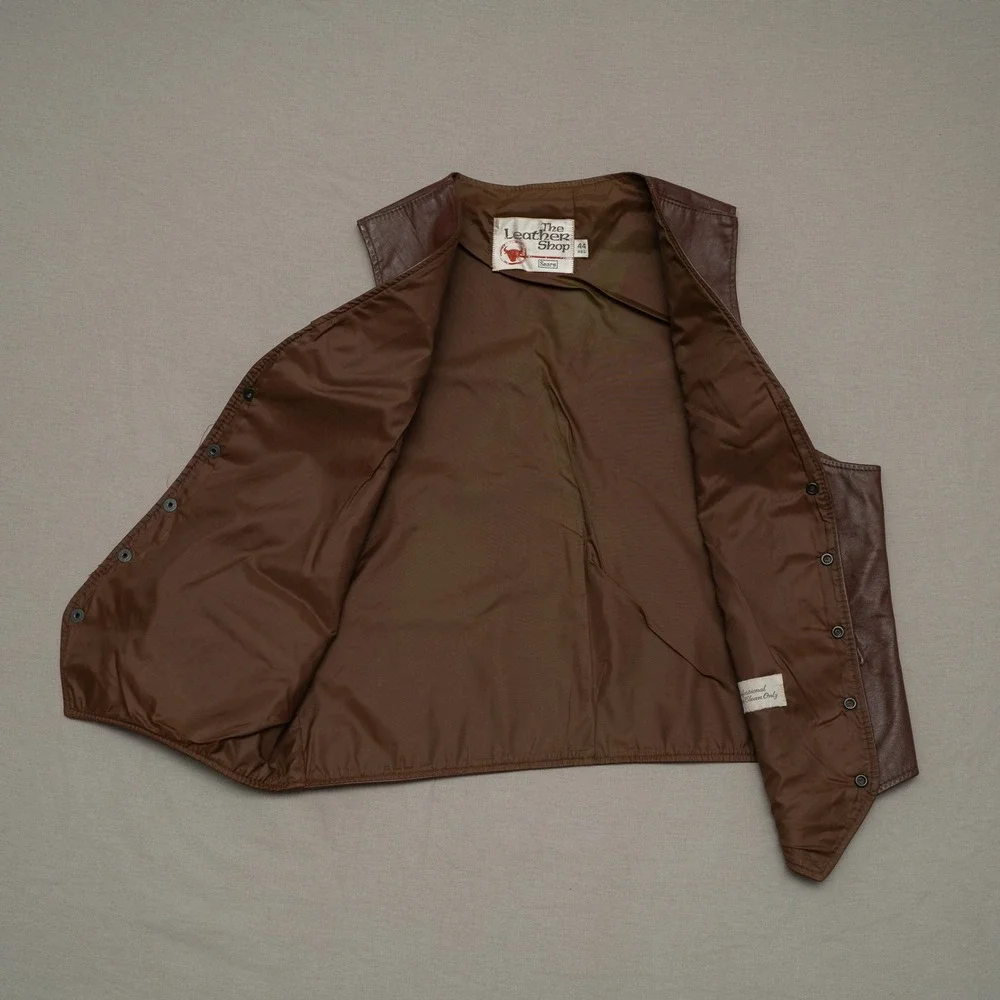 Vintage 70s 80s Sears Leather Shop Dark Brown Leather Vest 44 Reg Cowboy Western